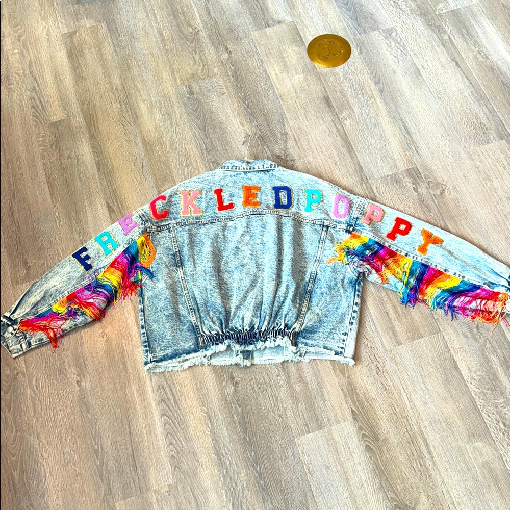 Stonewash denim jacket rainbow fringe BiBi Freckled Poppy XL pride cowgirl NWT - Picture 11 of 14
